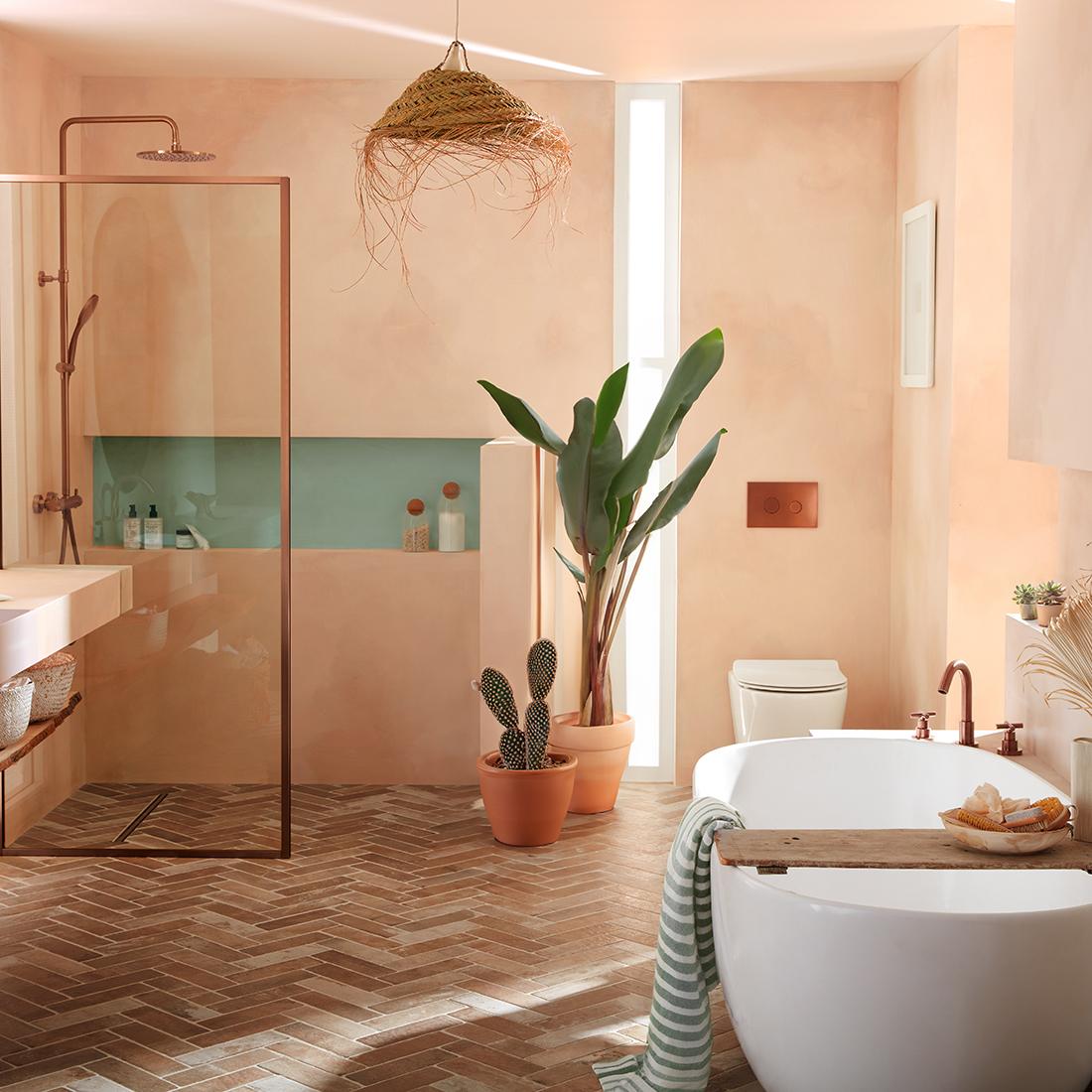 Styling Pantone's Peach Fuzz in Your Bathroom: 10 Colour Combinations to Suit any Bathroom Interior.